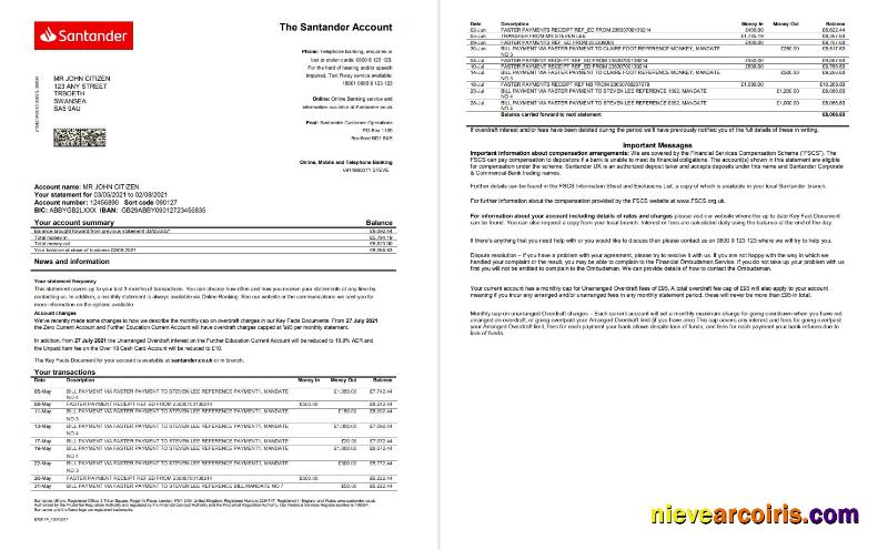 United Kingdom Santander bank statement in Word and PDF format (2 pages)